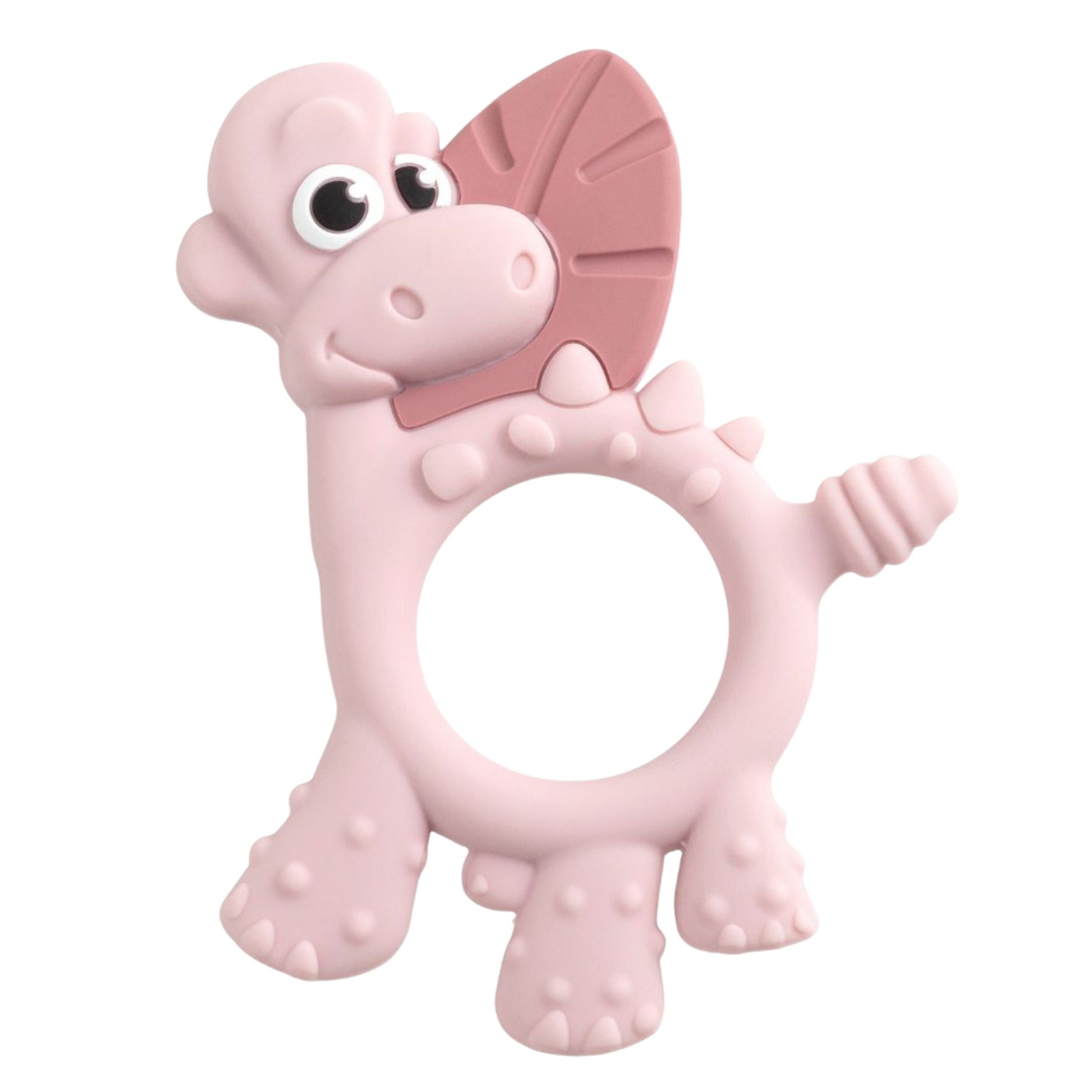 Bibado Dotty the Dinosaur blush sensory teether with textured surface and bright colors for babies' teething and sensory development.