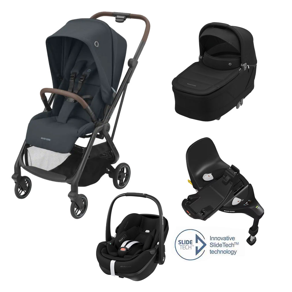 Leona² Travel System: Leona² Stroller + Sense Carrycot + Pebble 360 Pro Car Seat + FamilyFix 360 Pro Slide Base - Graphite / Black - Bubbadue