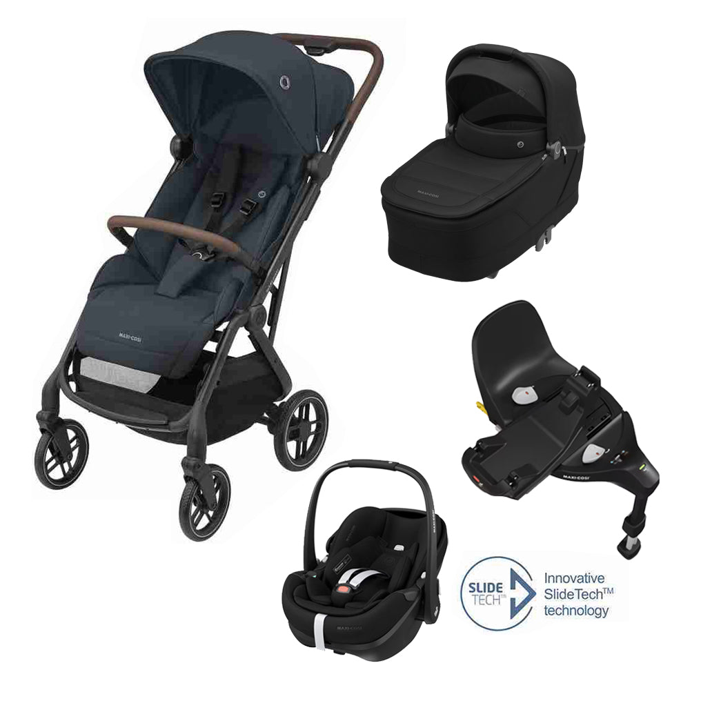 Soho Travel System: Soho Stroller + Sense Carrycot + Pebble 360 Pro Car Seat + FamilyFix 360 Pro Slide Base - Graphite / Black - Bubbadue