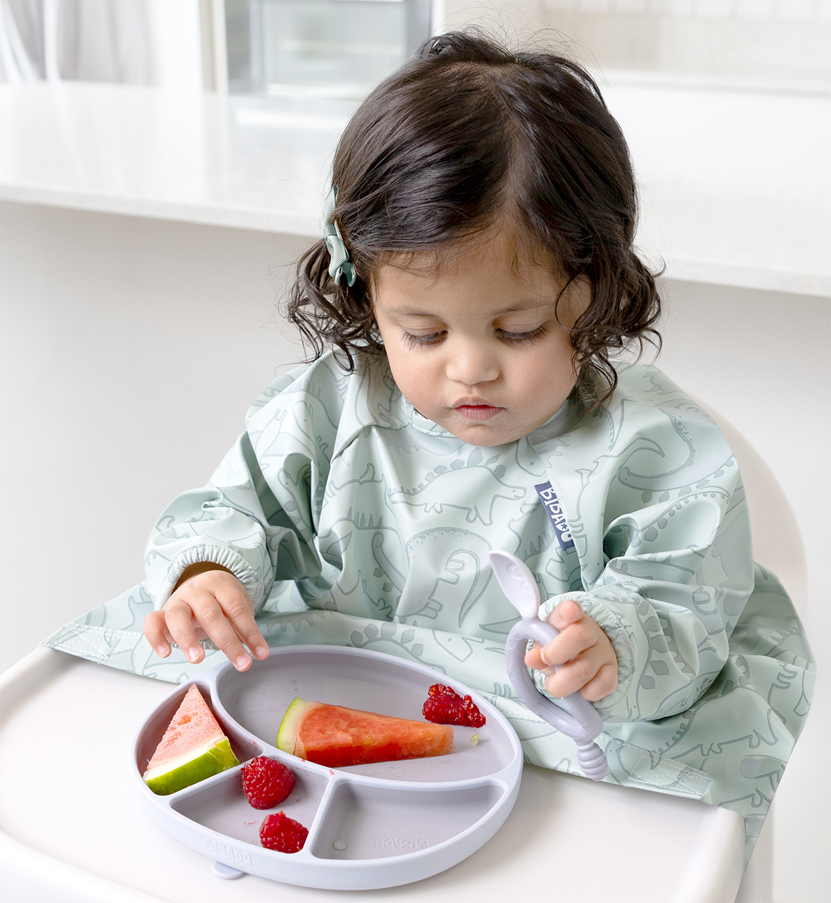 Bibado Silicone Suction Divider Plate in Mist color, featuring divided sections for mealtime, made from durable silicone.