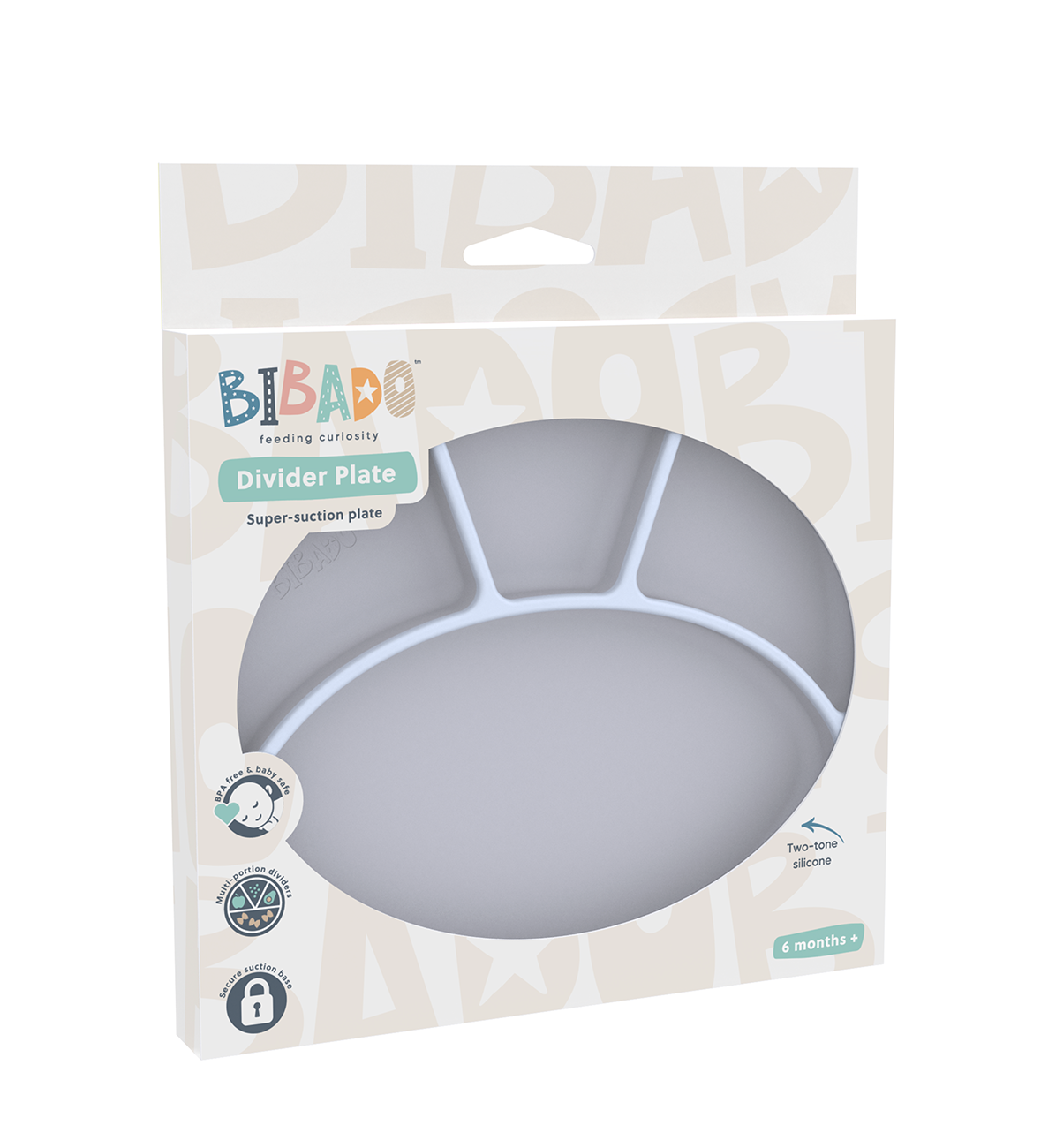 Bibado Silicone Suction Divider Plate in Mist color, child-friendly plate with sections and secure suction base for mealtime.