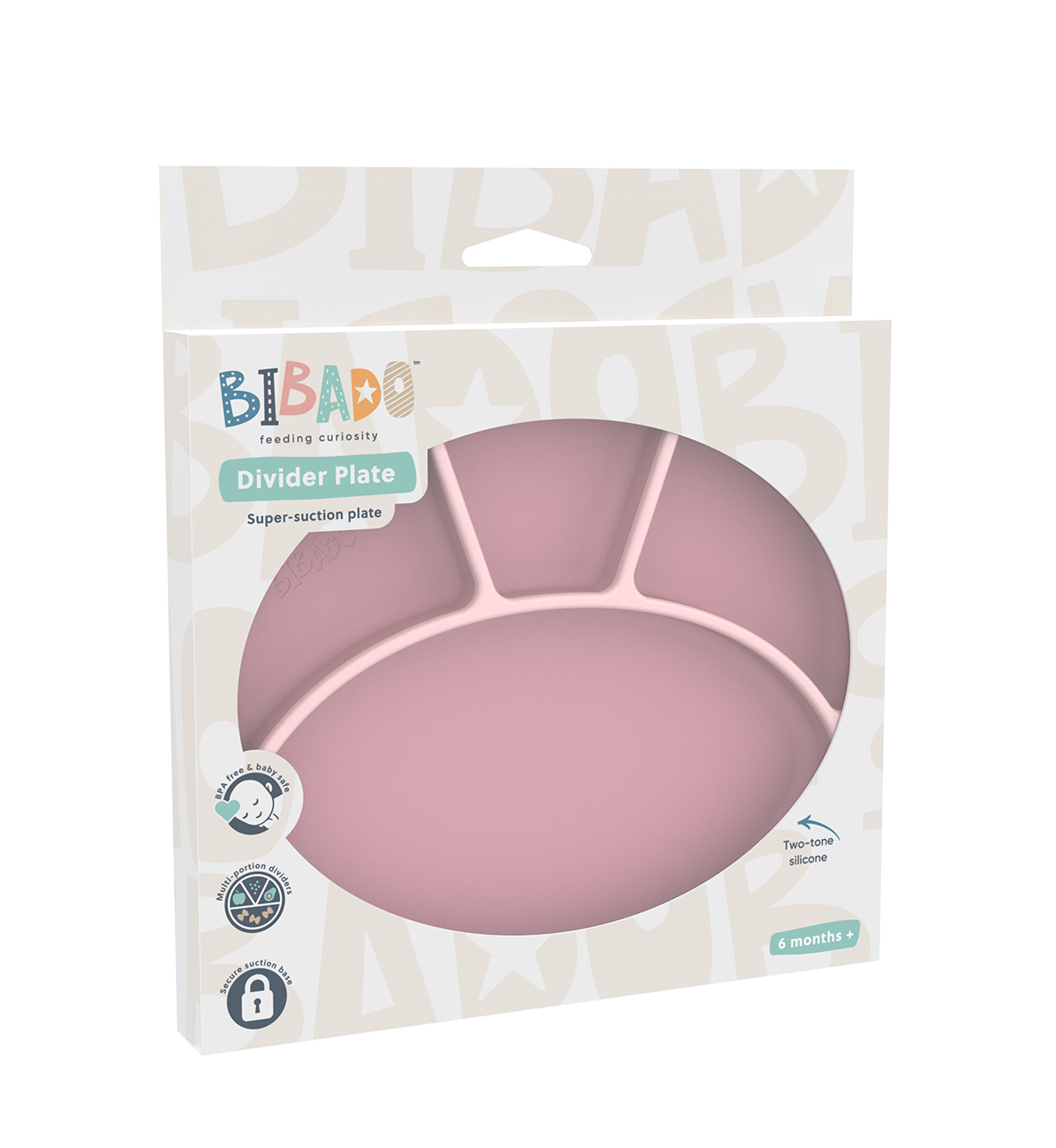 Bibado silicone suction divider plate in blush color, featuring multiple compartments for easy mealtime organization for kids.