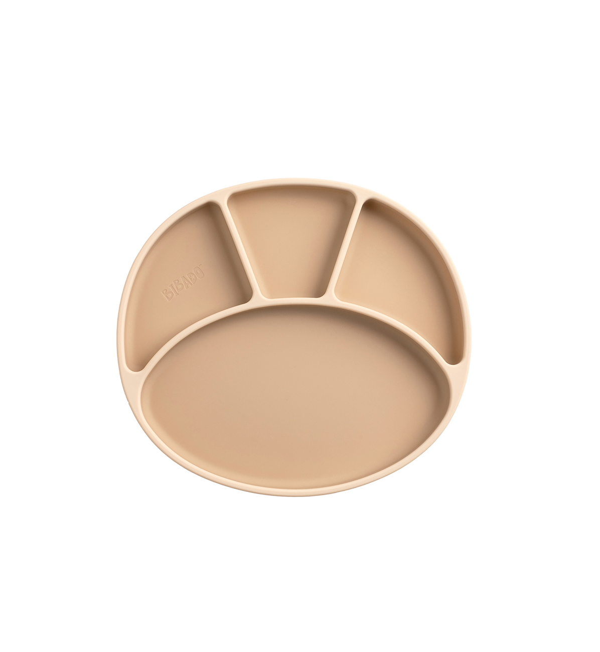 Bibado silicone suction divider plate in fawn color, featuring multiple compartments for easy feeding and toddler mealtime.
