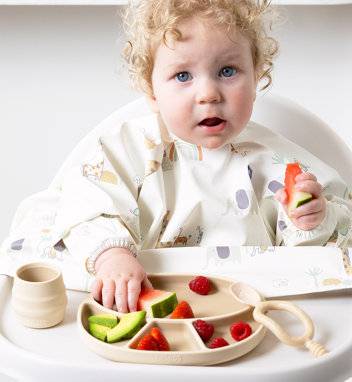 Bibado silicone suction divider plate in fawn color, featuring multiple sections for easy portioning and mess-free feeding.