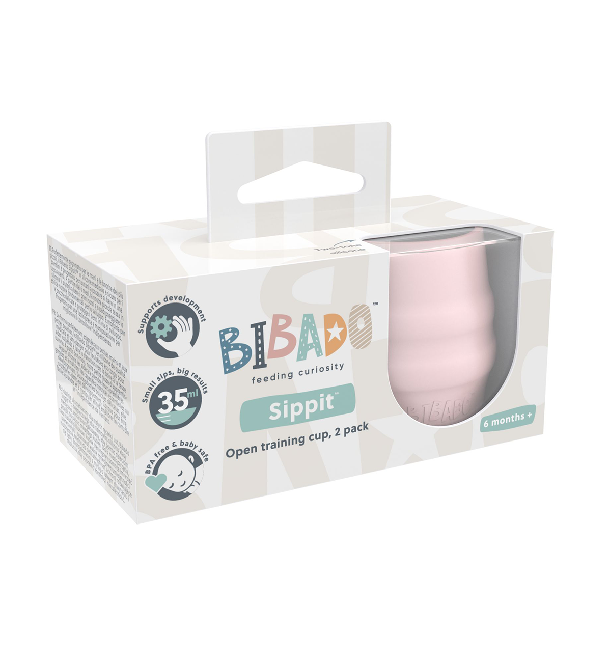 Two Bibado Sippit cups in blush pink, designed for toddlers, with soft spill-proof spouts and easy-to-hold handles.