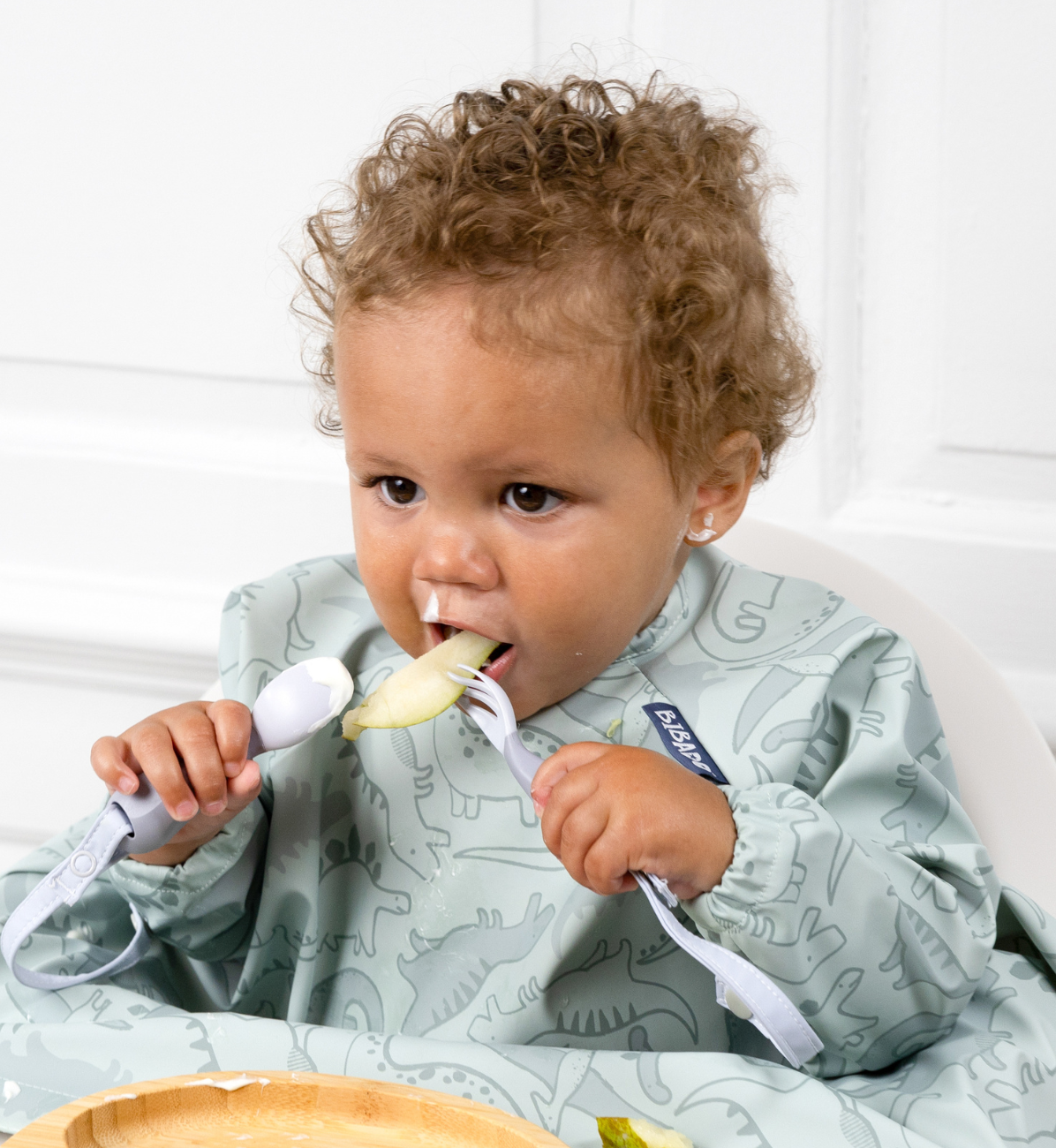 Bibado Handi Cutlery in Mist color, ergonomic toddler utensils with easy-grip handles and rounded tips for safe eating.