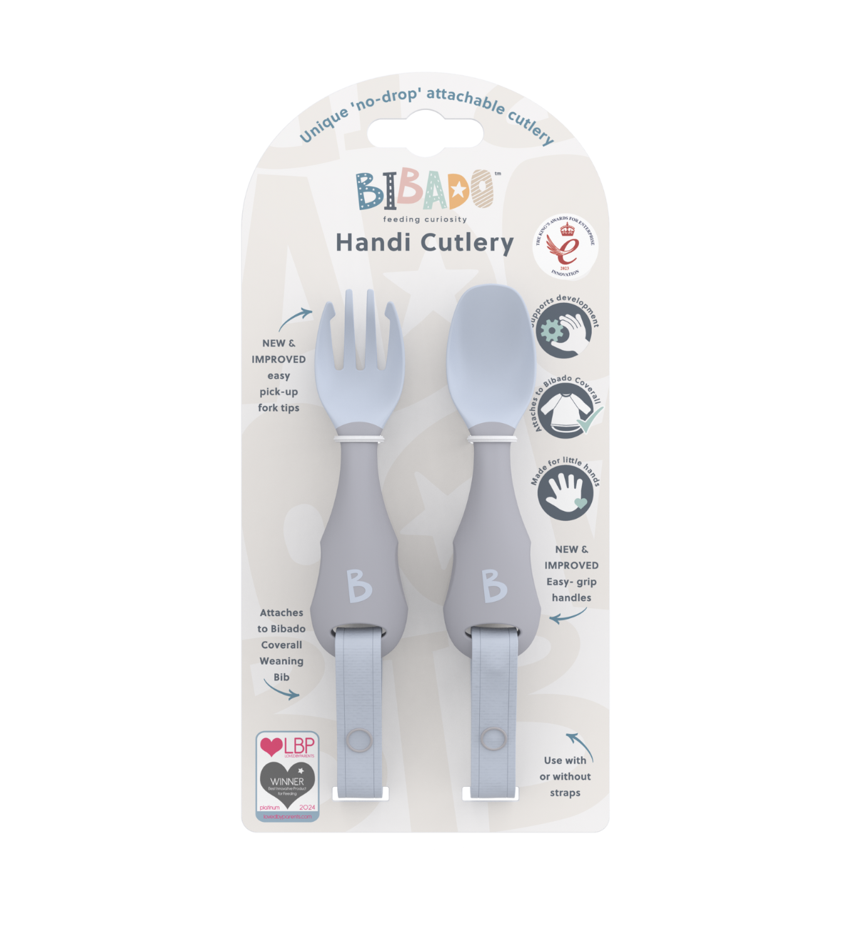 Bibado Handi Cutlery Mist set with colorful, ergonomic utensils designed for easy gripping and independent eating.