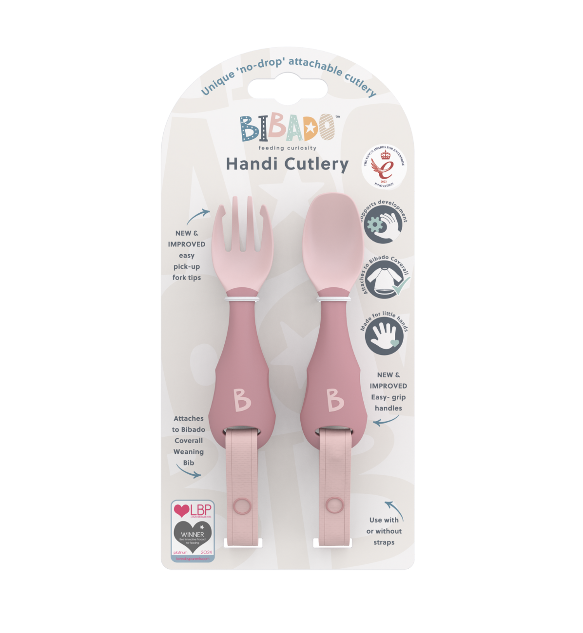 Bibado Handi Cutlery in blush color, designed for easy grip, featuring a child-friendly ergonomic handle.