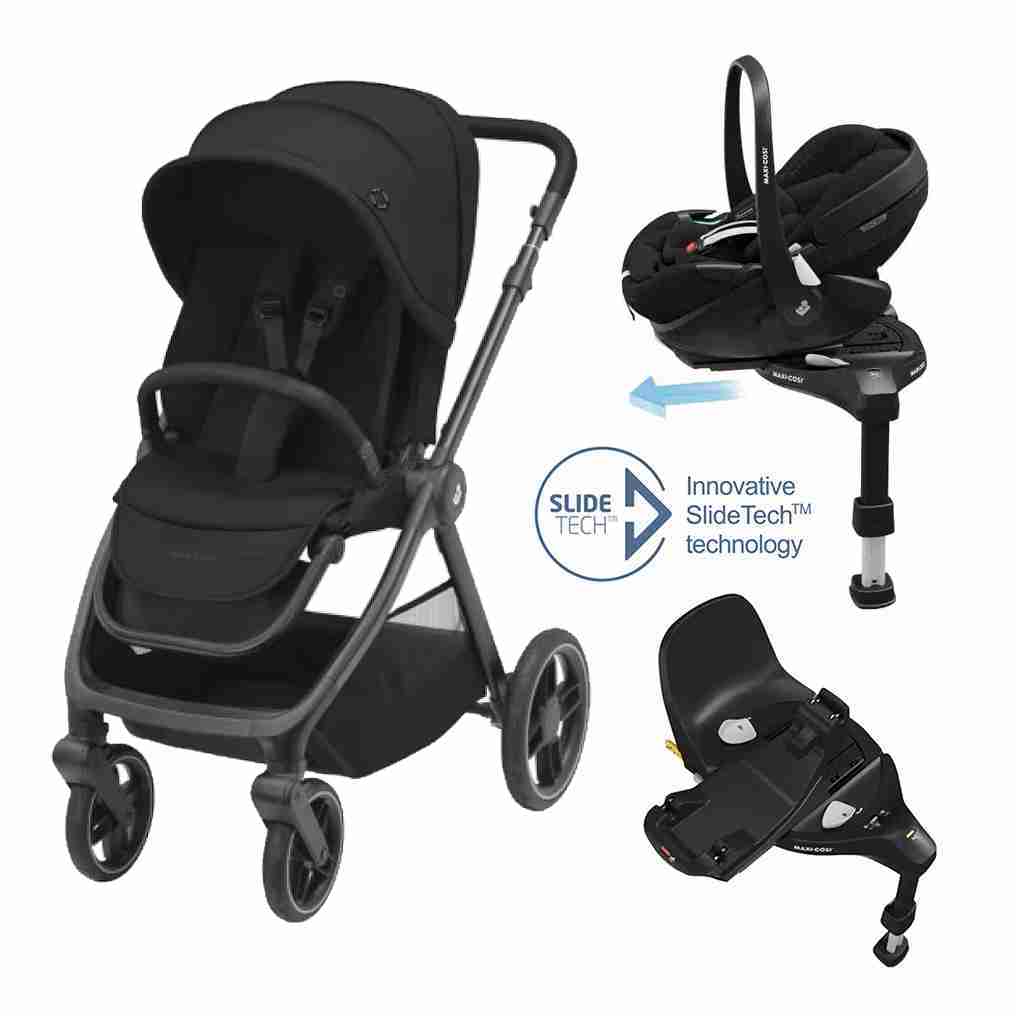 Oxford Travel System: Oxford Stroller + Pebble 360 Pro Car Seat + FamilyFix 360 Pro Slide Base - Black - Bubbadue