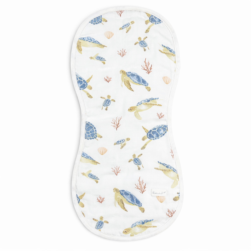 Bubbadue sea turtle burp cloth featuring a soft fabric with a cute sea turtle design for babies.