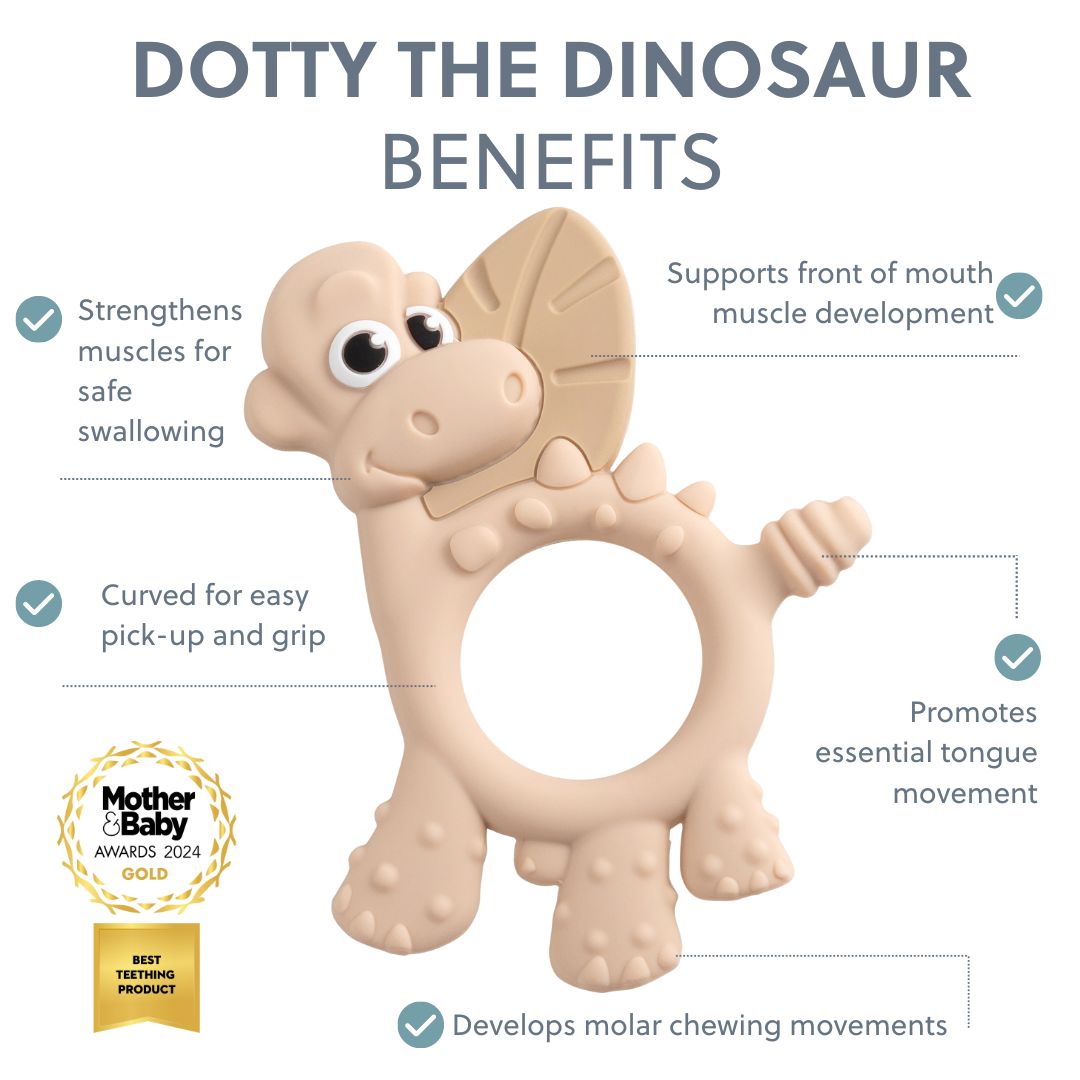Bibado Dotty the Dinosaur fawn sensory teether with textured surface and soft silicone, designed for soothing and sensory development.