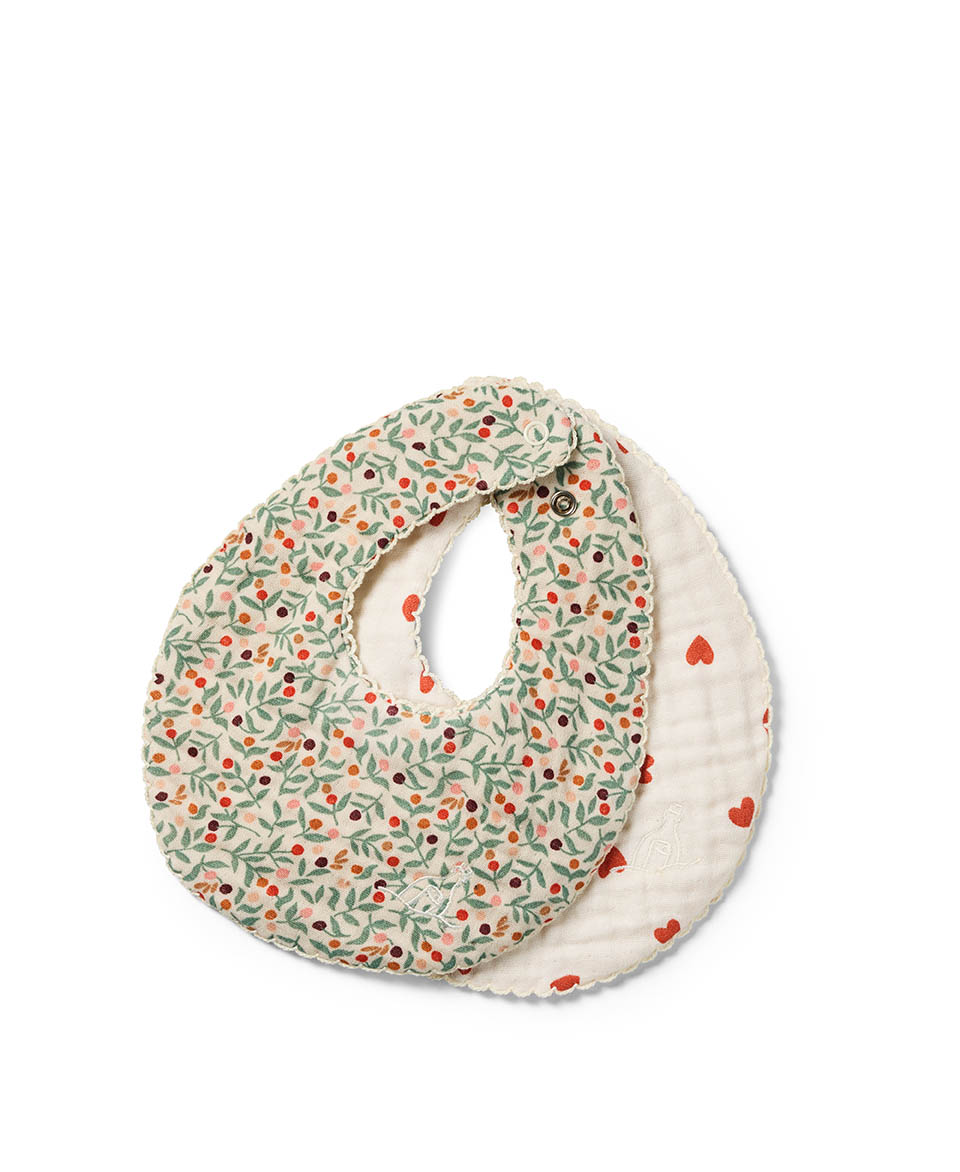 Dear April Koa Bib 2-pack in Little Love and Forest Berries prints, organic muslin bibs with crocheted edge.