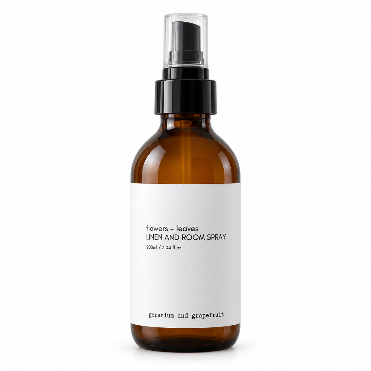 Flowers & Leaves Linen & Room Spray 200ml with geranium and grapefruit scent, featuring fresh flowers and leaves on the label.