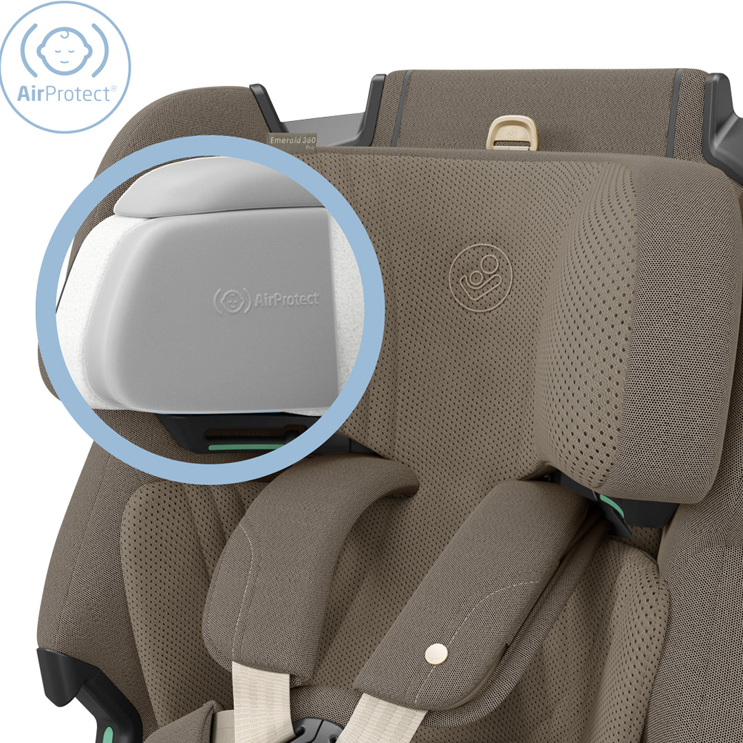 Maxi Cosi Emerald 360 Pro travel system with Twillic Truffle stroller and car seat, featuring a sleek design and comfortable fabric.