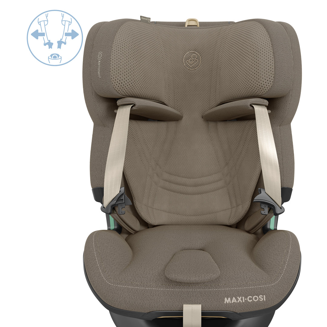 Maxi Cosi Emerald 360 Pro travel system with Twillic Truffle fabric, featuring a stroller and car seat in a sleek design