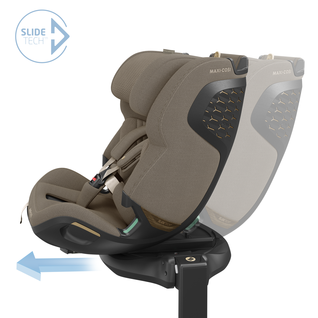 Maxi Cosi Emerald 360 Pro travel system with Twillic Truffle fabric, showing the stroller and car seat components.