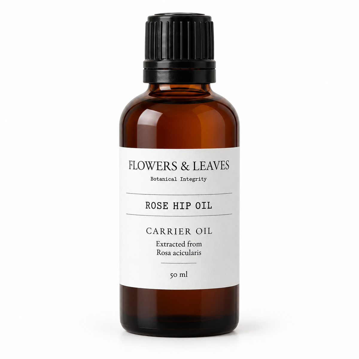 Flowers & Leaves Rose Hip Seed Oil 50ml carrier oil bottle with fresh rose hips and leaves for skincare.