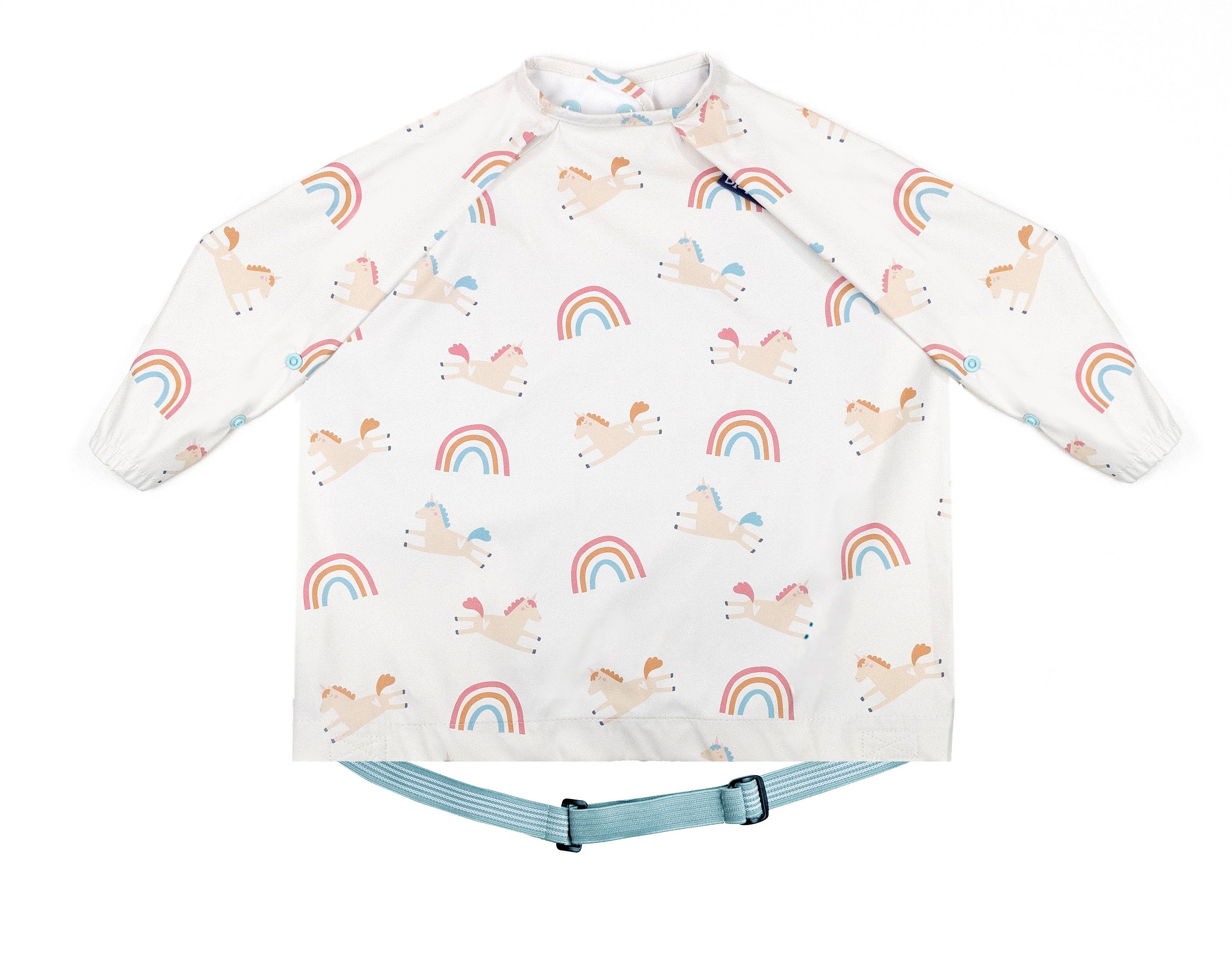Bibado Fairytale Foodies weaning bib with flat straps, colorful fairy tale design for keeping clothes clean during mealtime.