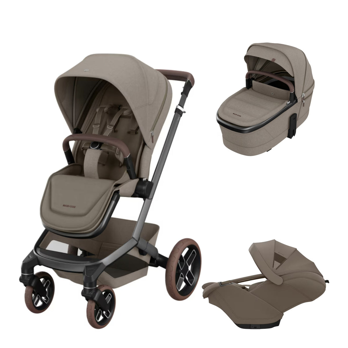 Maxi Cosi Fame travel system with Twillic Truffle finish including stroller, Coral Slide Pro car seat, and carrycot.