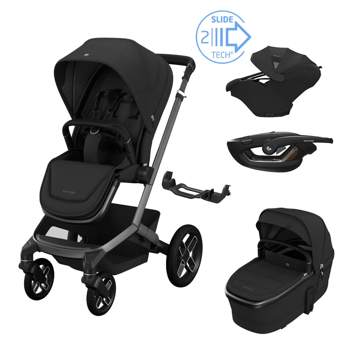 Maxi Cosi Fame Travel System in Twillic Black with Coral Slide Pro car seat and Fame Carrycot