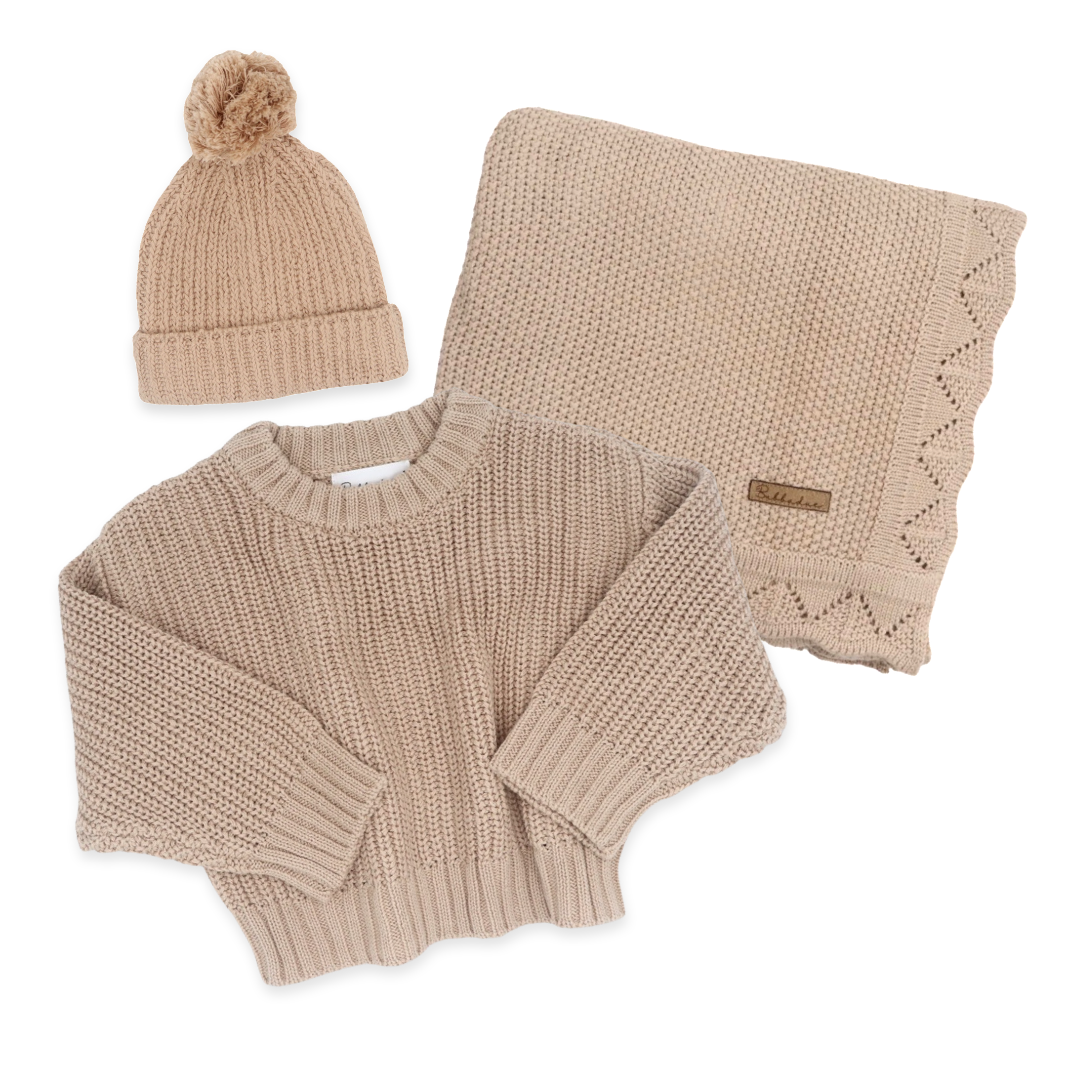 Bubbadue Knitted Baby Jersey, Beanie & Blanket Set - Toffee - Bubbadue