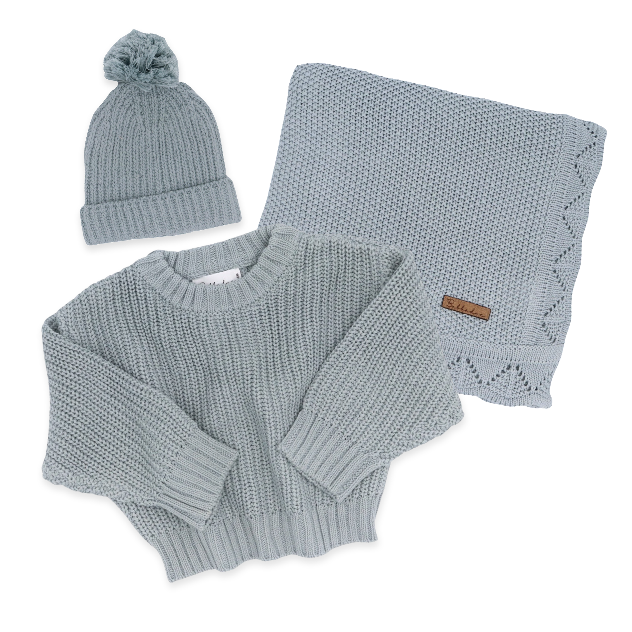 Bubbadue Knitted Baby Jersey, Beanie & Blanket Set - Misty Blue - Bubbadue