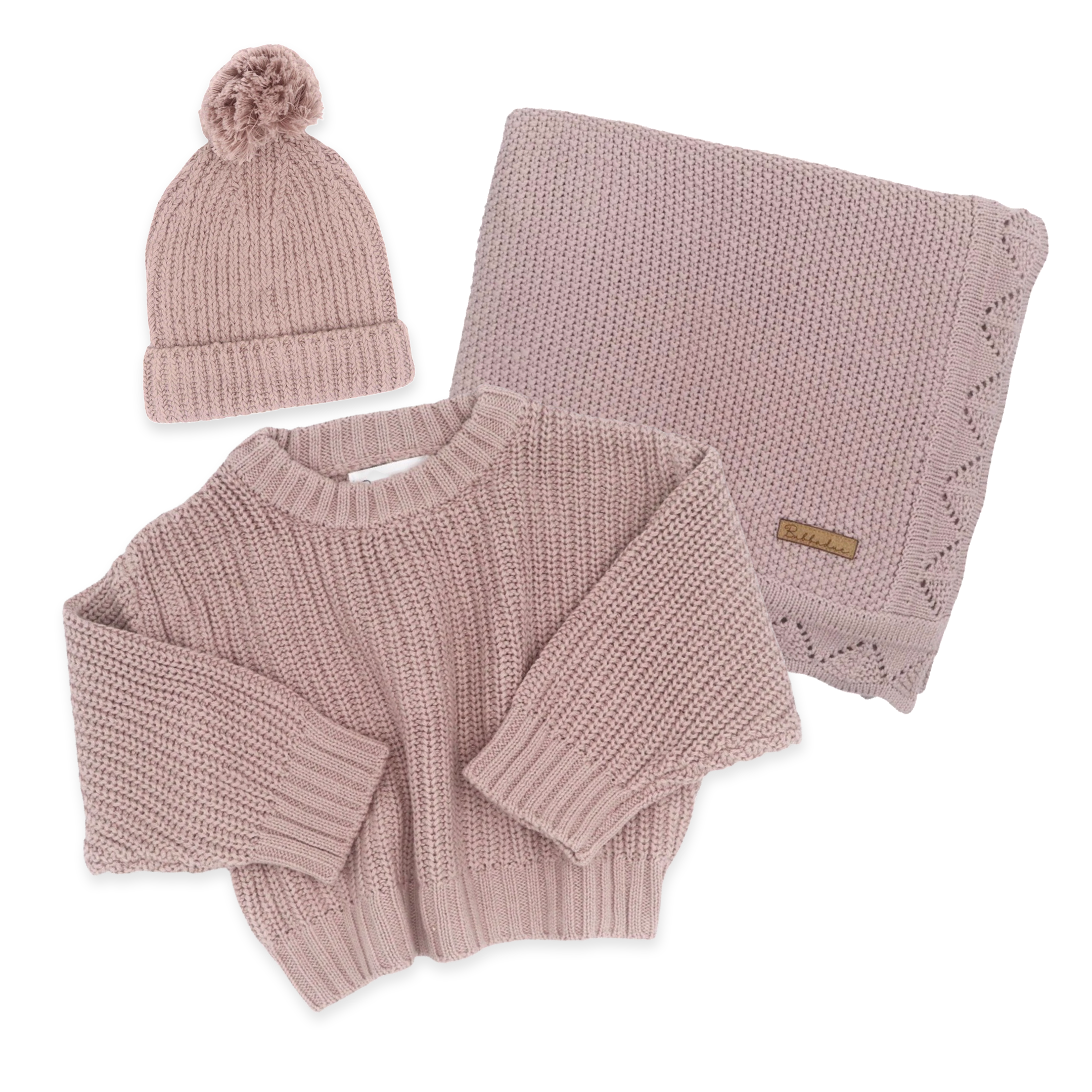 Bubbadue Knitted Baby Jersey, Beanie & Blanket Set - Dusty Lilac - Bubbadue