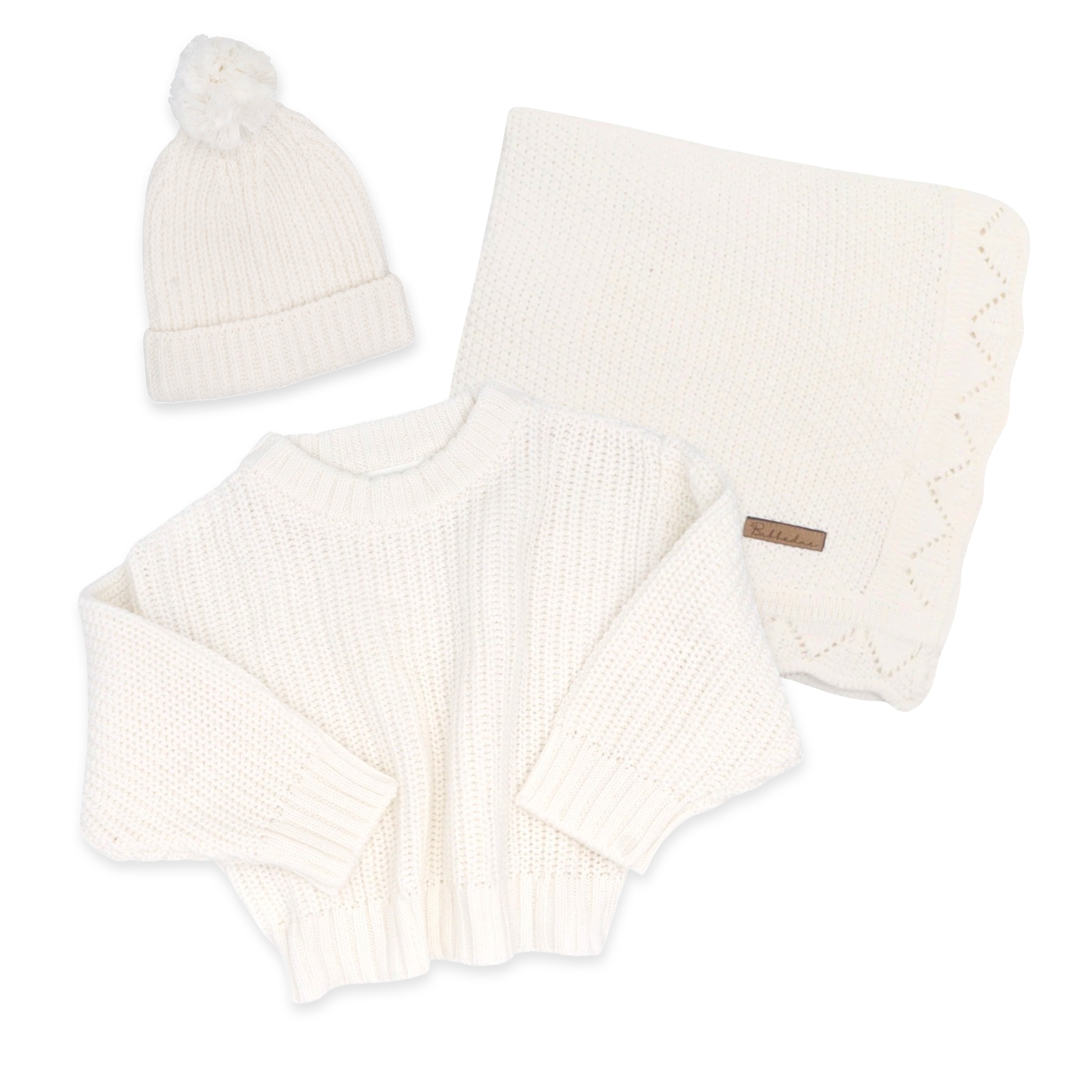 Bubbadue Knitted Baby Jersey, Beanie & Blanket Set - Milk - Bubbadue
