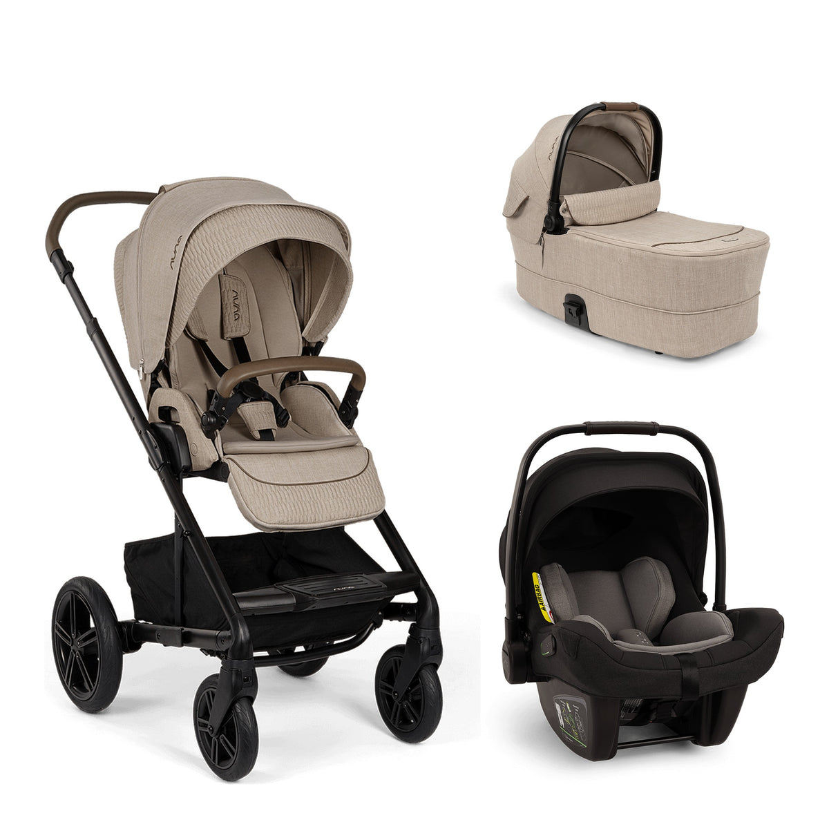 Nuna MIXX next 3-in-1 travel system with stroller, carry cot, and PIPA next car seat in Cosmopolitan color.
