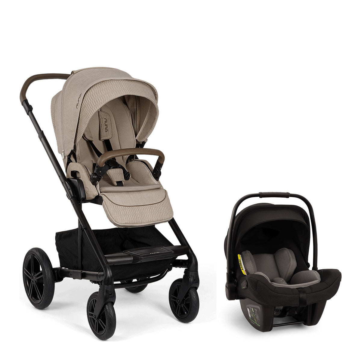 Nuna MIXX next travel system with stroller and PIPA next car seat in Cosmopolitan color, featuring sleek design and comfortable seating.