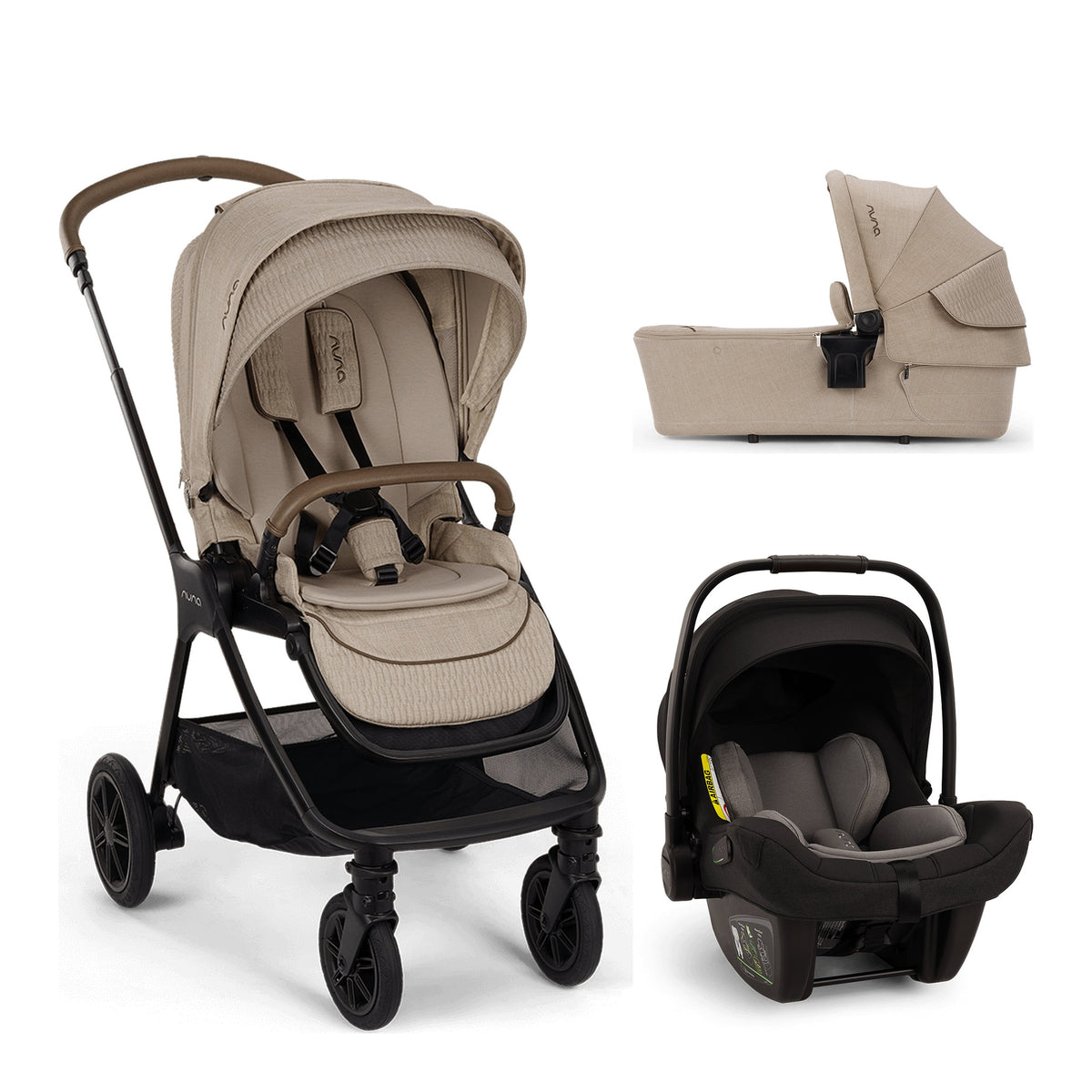 Nuna TRIV next 3-in-1 travel system with stroller, carry cot, and PIPA next car seat in Cosmopolitan color, all assembled.