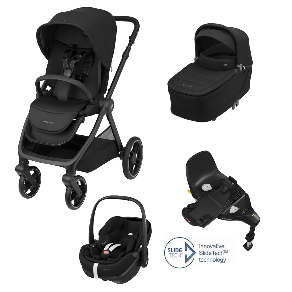 Oxford + Travel System: Oxford Stroller + Sense Carrycot + Pebble 360 Pro Car Seat + FamilyFix 360 Pro Slide Base - Black - Bubbadue