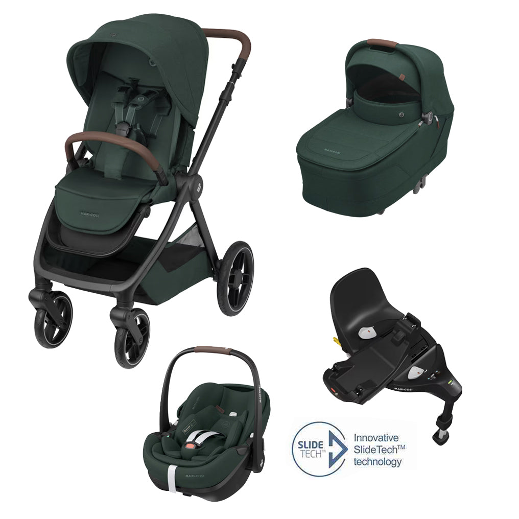 Oxford + Travel System: Oxford Stroller + Sense Carrycot + Pebble 360 Pro Car Seat + FamilyFix 360 Pro Slide Base - Twillic Green - Bubbadue