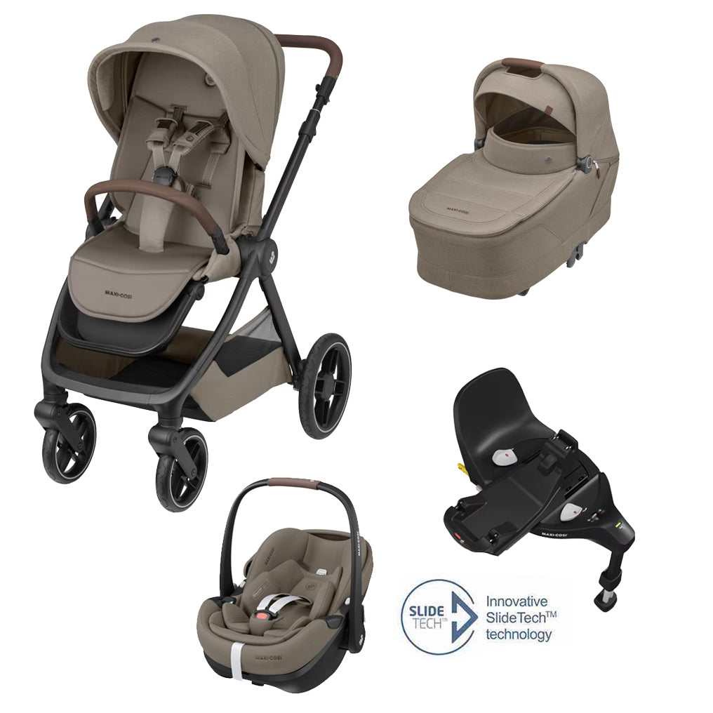 Oxford + Travel System: Oxford Stroller + Sense Carrycot + Pebble 360 Pro Car Seat + FamilyFix 360 Pro Slide Base - Twillic Truffle - Bubbadue
