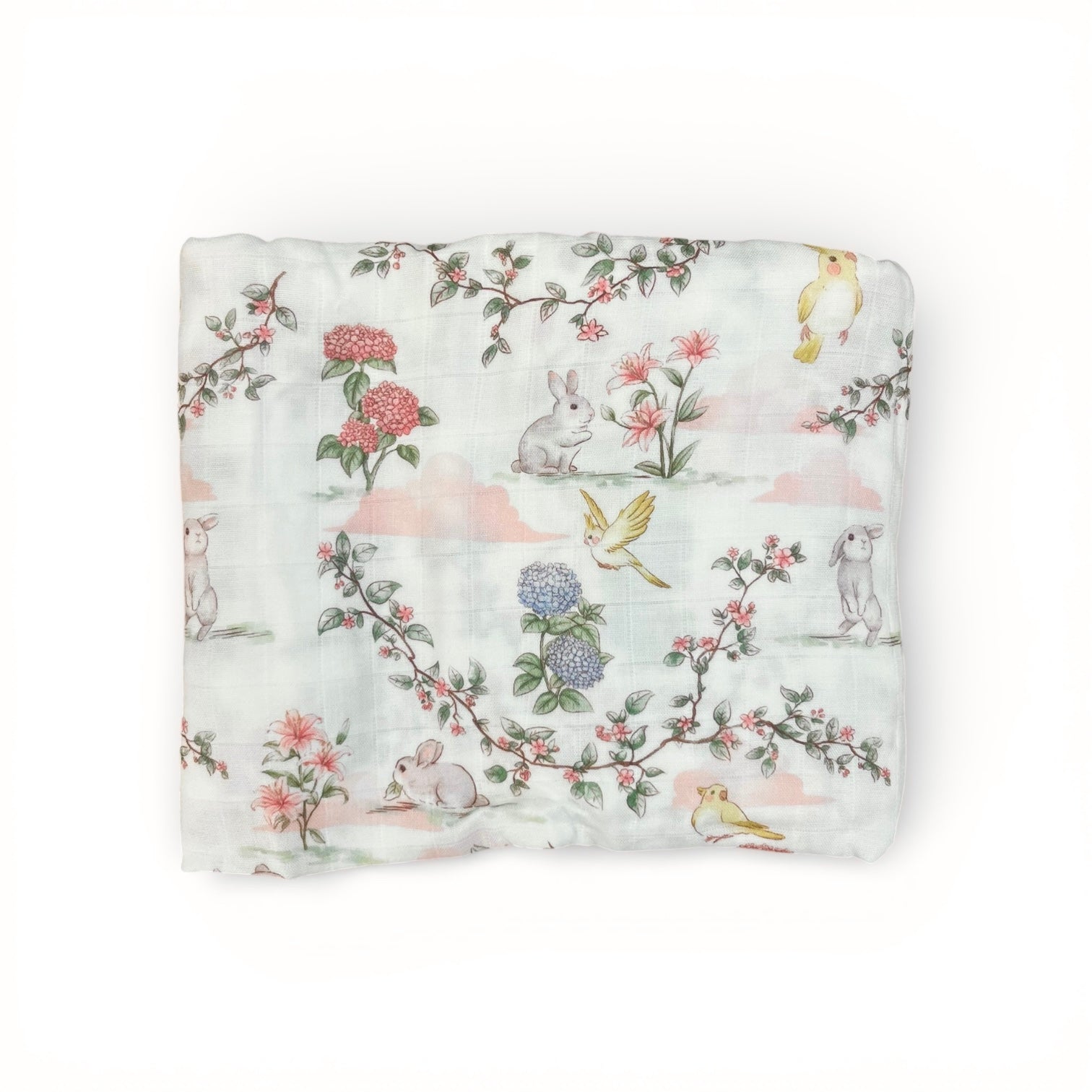 Bubbadue Blooming Burrow baby muslin blanket with colorful floral print, soft and lightweight for gentle comfort.