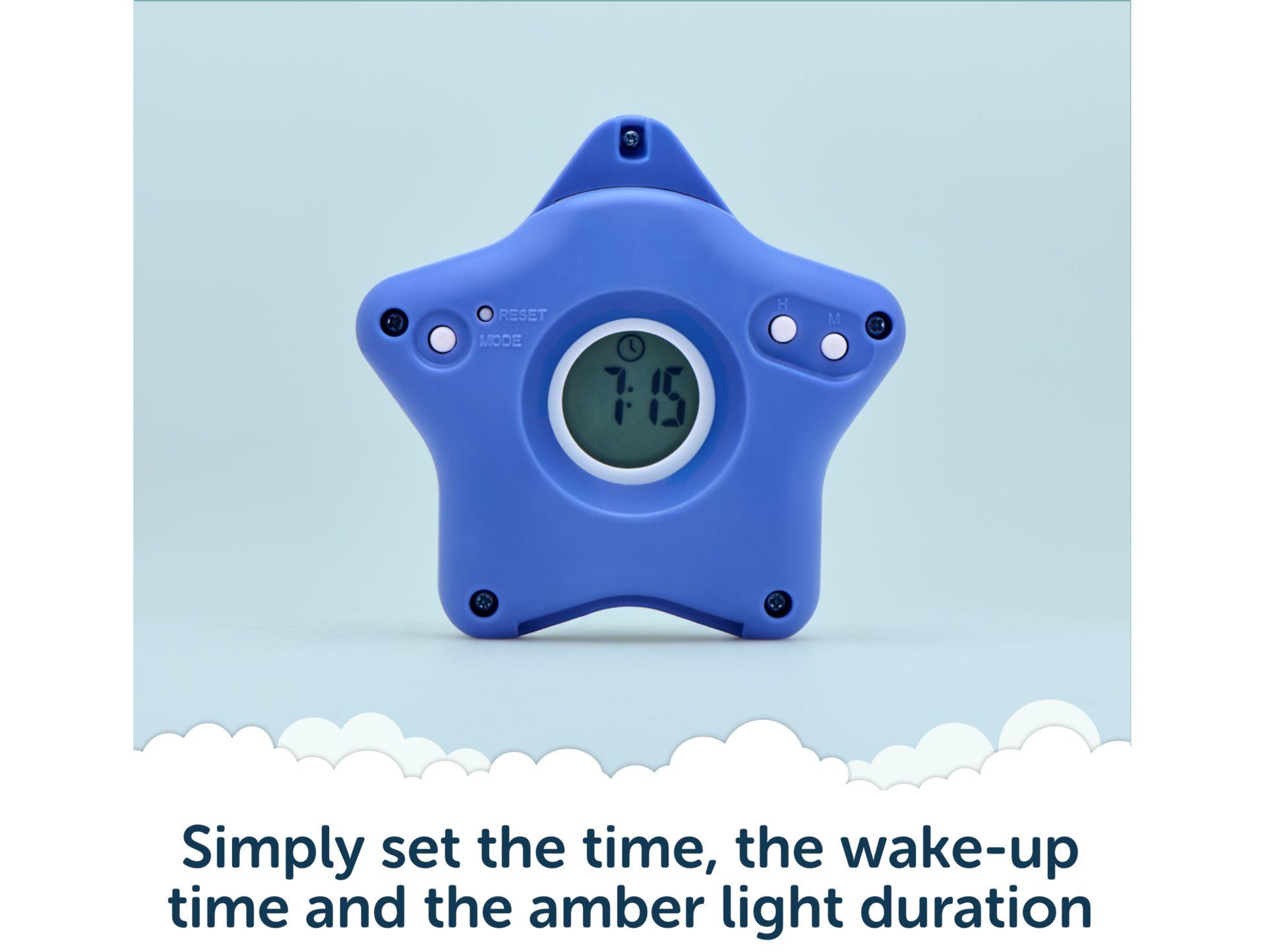 Back of the Rising Star showing the time, wake-up time and amber light duration settings.