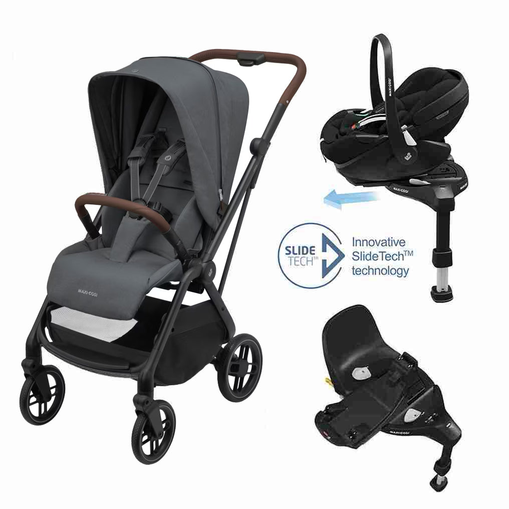 Leona² Travel System: Leona² Stroller + Pebble 360 Pro Car Seat + FamilyFix 360 Pro Slide Base - Twillic Graphite - Bubbadue
