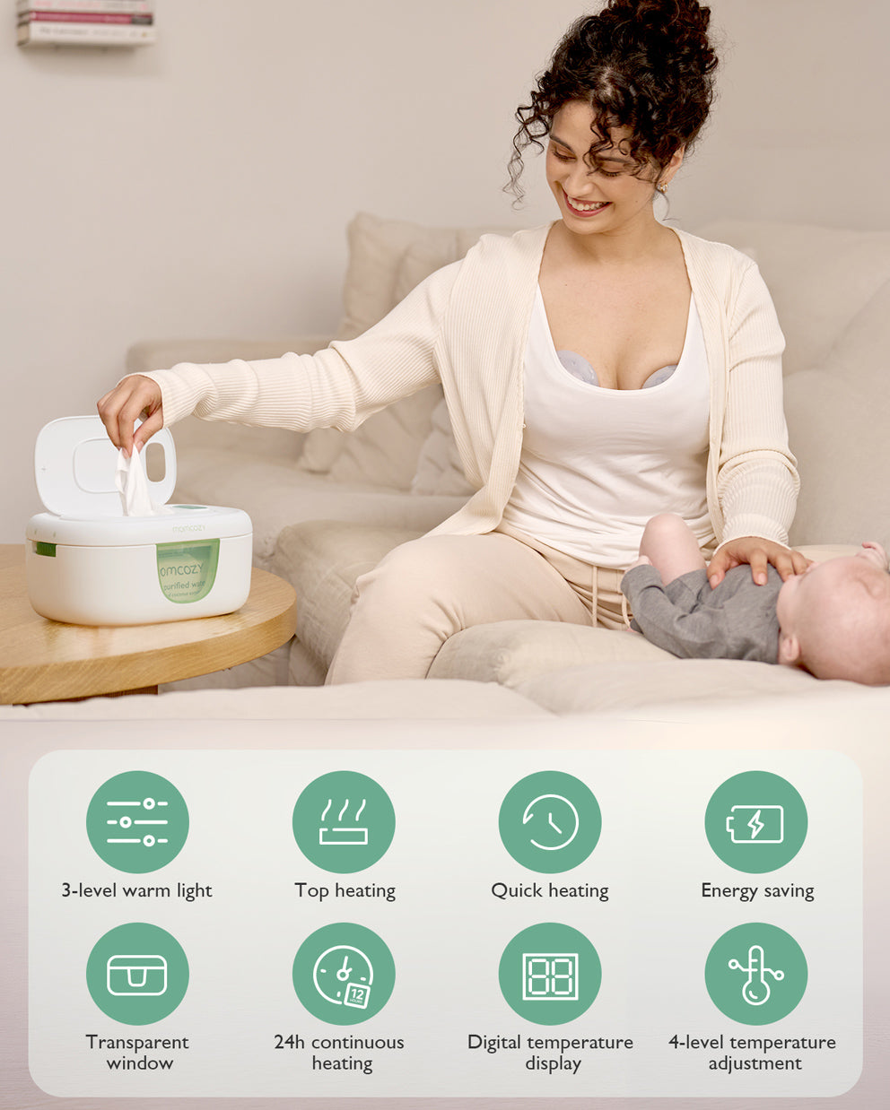 Momcozy wipe warmer on a changing table