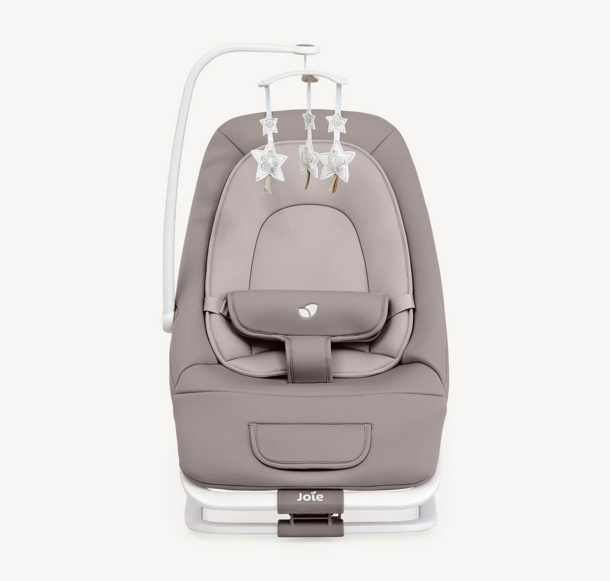 Joie Dreamer Compact Baby Bouncer in Walnut wood finish with cushioned seat and adjustable features, designed for comfort and support.
