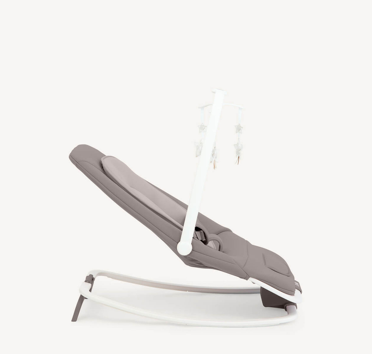 Joie Dreamer compact baby bouncer in walnut wood finish, featuring a cozy seat and sturdy frame for infant comfort and support.