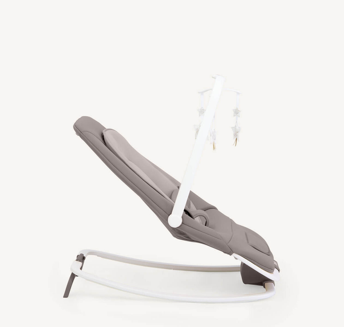 Joie Dreamer Compact Baby Bouncer in Walnut wood finish, featuring a padded seat and adjustable reclining positions.