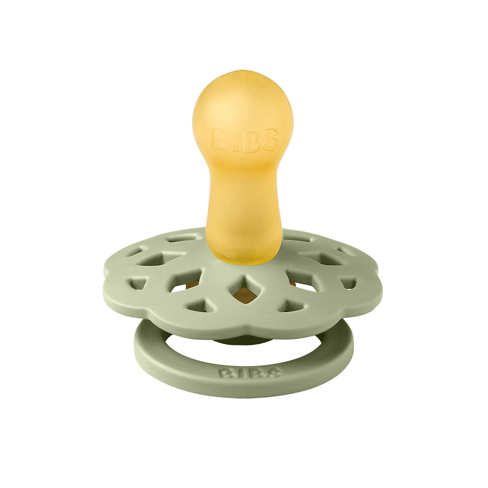 BIBS Boheme pacifier in Sage with round natural rubber latex nipple.