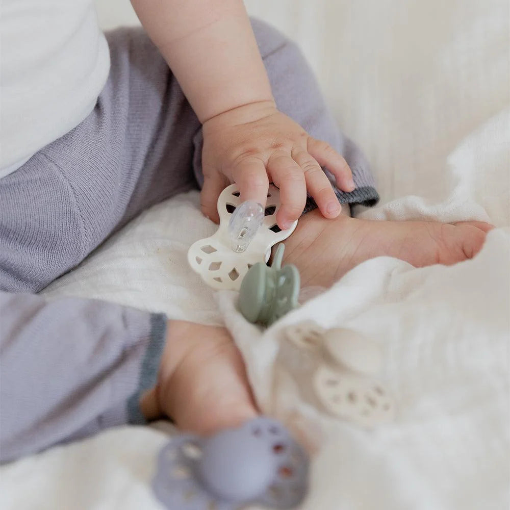 Gnash BIBS Infinity Symmetric Pacifiers in Blush with soft silicone nipple and rounded shield for comfortable baby soothing.