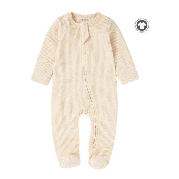 Organic Ribbed Romper With Footies & Mittens | Cream - Bubbadue