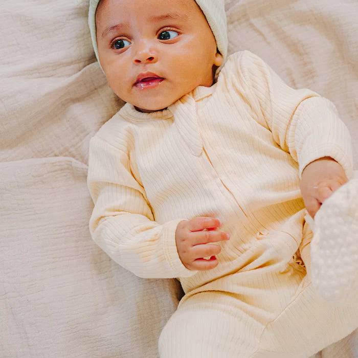 Organic Ribbed Romper With Footies & Mittens | Cream - Bubbadue