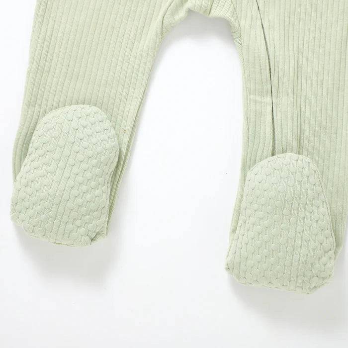 Organic Ribbed Romper With Footies & Mittens | Mint - Bubbadue