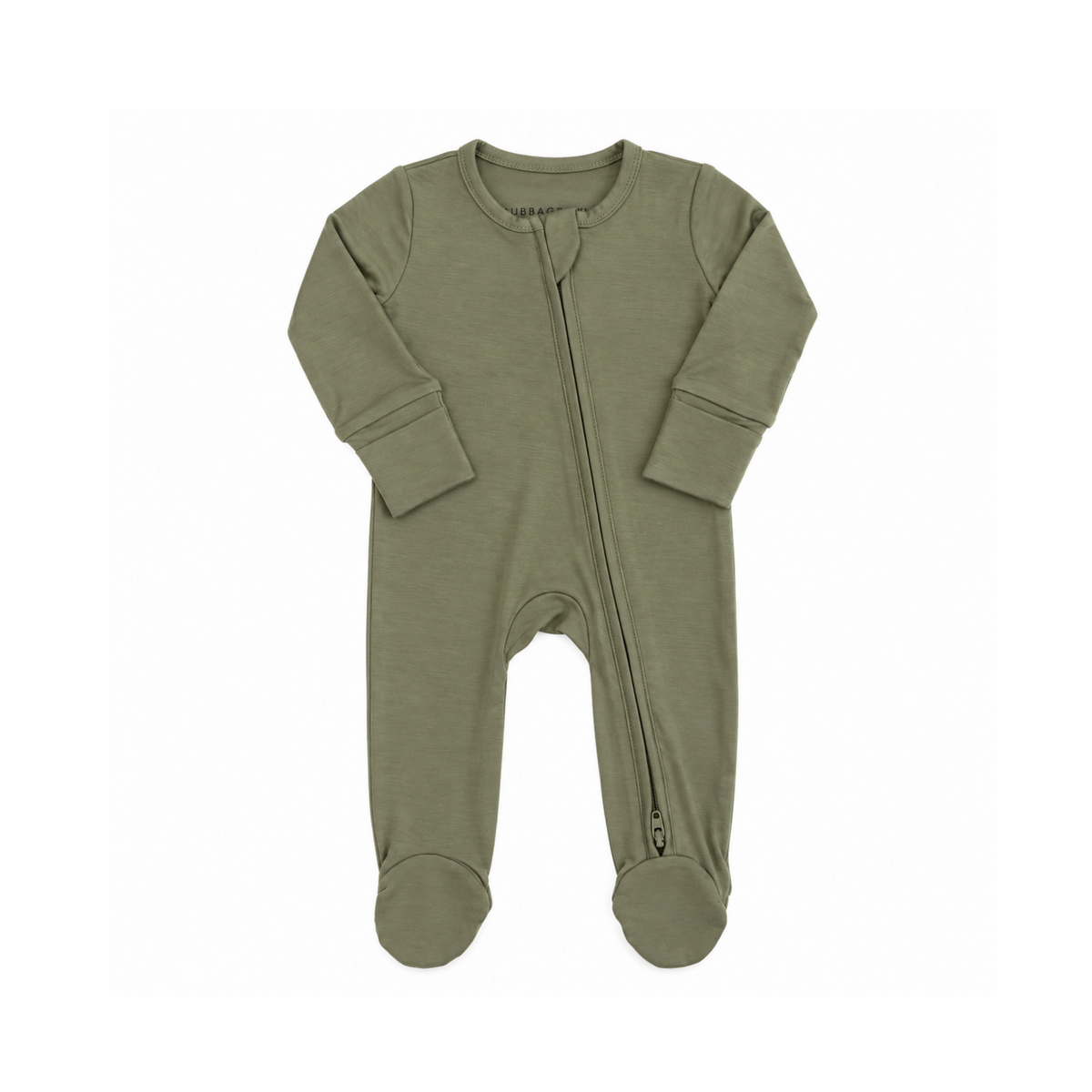 Bubbadue BubbaGrow Olive clothing footies for babies, soft fabric with olive green color and ribbed cuffs.