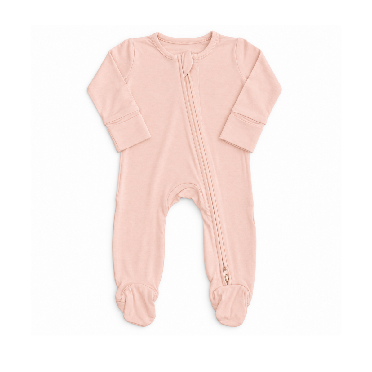 Bubbadue BubbaGrow peach-colored baby footies made of soft, comfortable clothing fabric for infants.