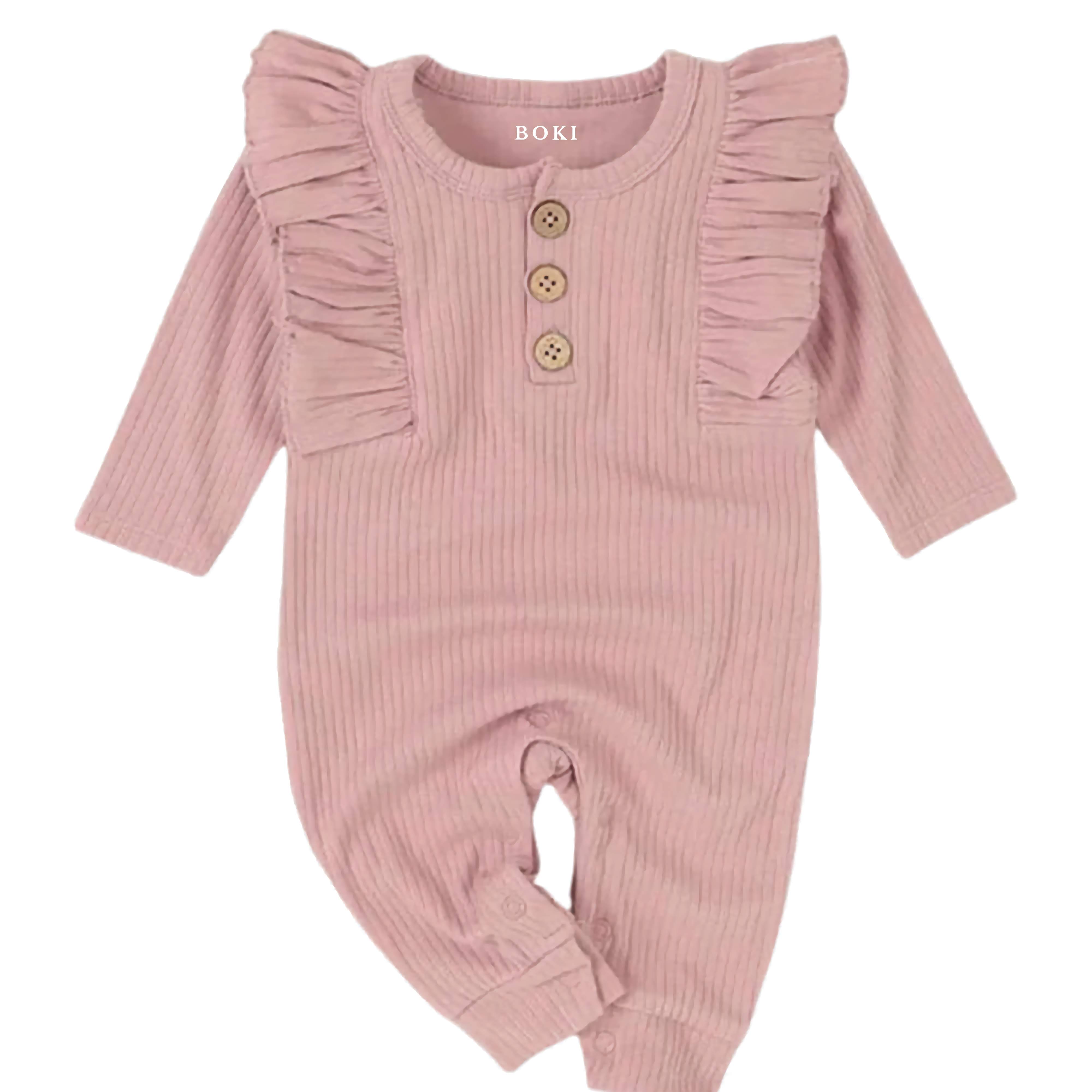 Long-Sleeve Ruffled Ribbed Growsuit | Pale Rose