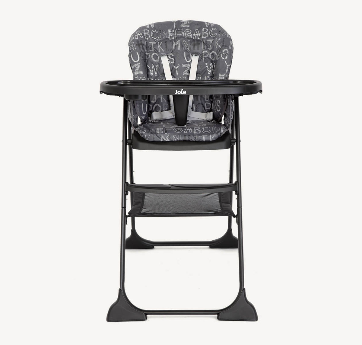 Joie Mimzy Snacker high chair in ABC Charcoal with a padded seat and safety harness for feeding and sitting.